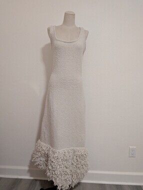 Sleeveless Cream Textured Maxi Dress with Fringe Hem knit sweater Vacation Dress